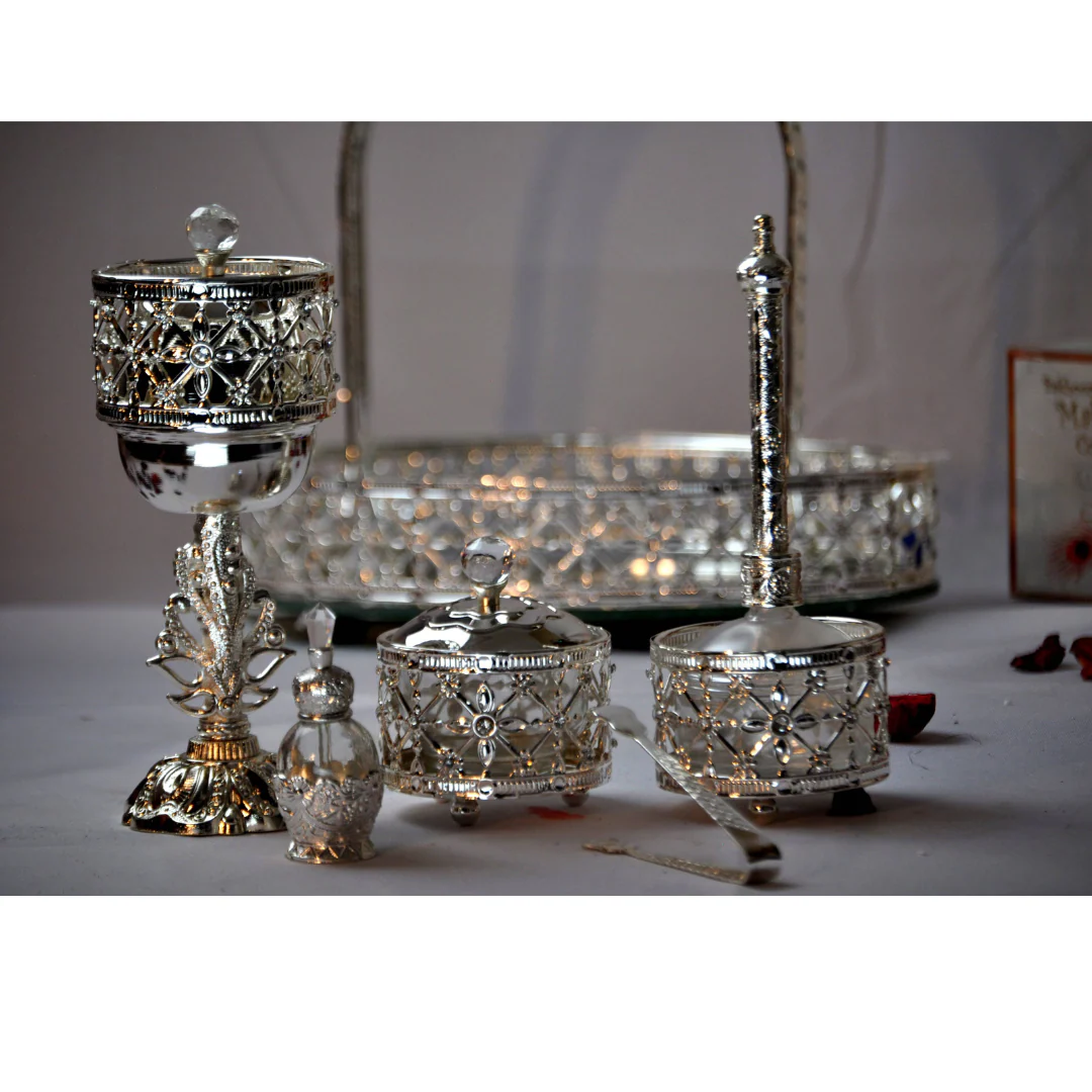 Arab Wedding Bakhoor Burner (Mabkhara) -Oud Burner, Metal,Tray Inside 12 inch Tall (Silver)