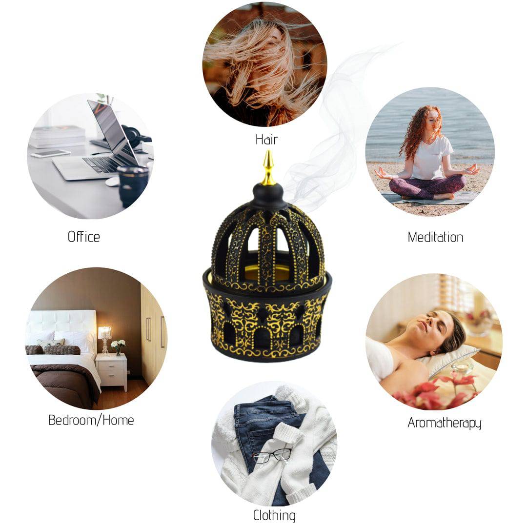 Calligraphy Style Closed Incense Bakhoor Burner - Black and Gold - Image 5