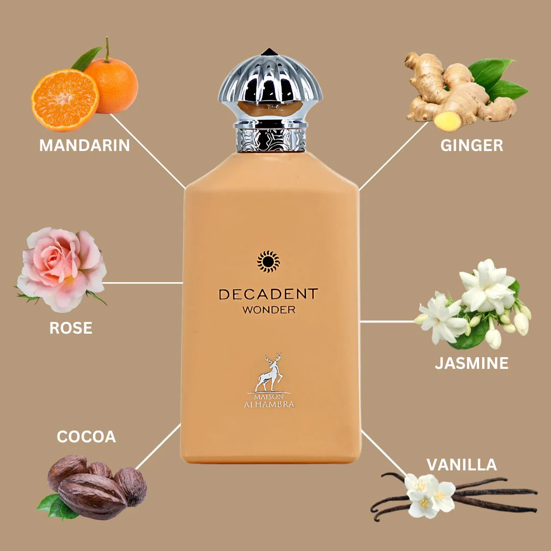 Decadent Wonder Eau De Parfum Spray 100ML (3.4 OZ) by Maison Alhambra | A Lively Blend of Citrus, Spice, Floral Elegance, & an Indulgent Finish of Vanilla, Rum, & Cocoa. - Image 6